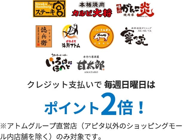 クレジット支払いで毎週日曜日はポイント2倍！